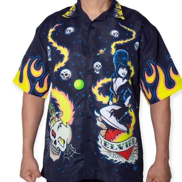 Short Sleeve Graphic Elvira Flames Button Down Hawaiian Shirt - Picture 2 of 3